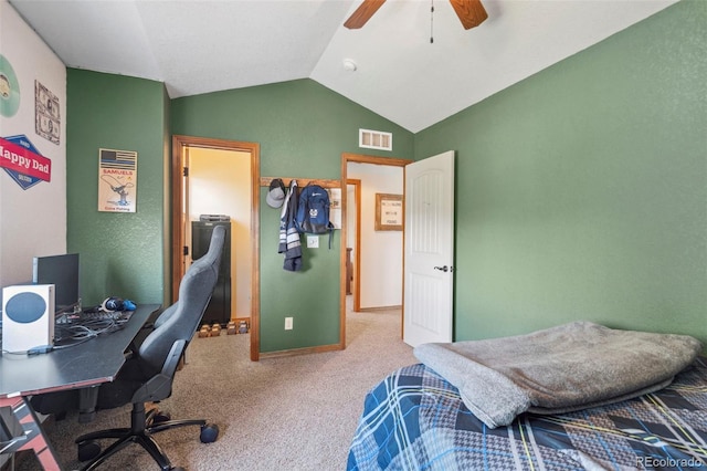 641 Denali Ct, Windsor, CO 80550 - carpeted bedroom with vaulted ceiling, an office area, ceiling fan, and baseboards