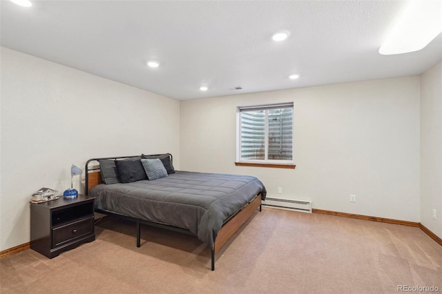 641 Denali Ct, Windsor, CO 80550 - bedroom with baseboard heating, light colored carpet, baseboards, and recessed lighting