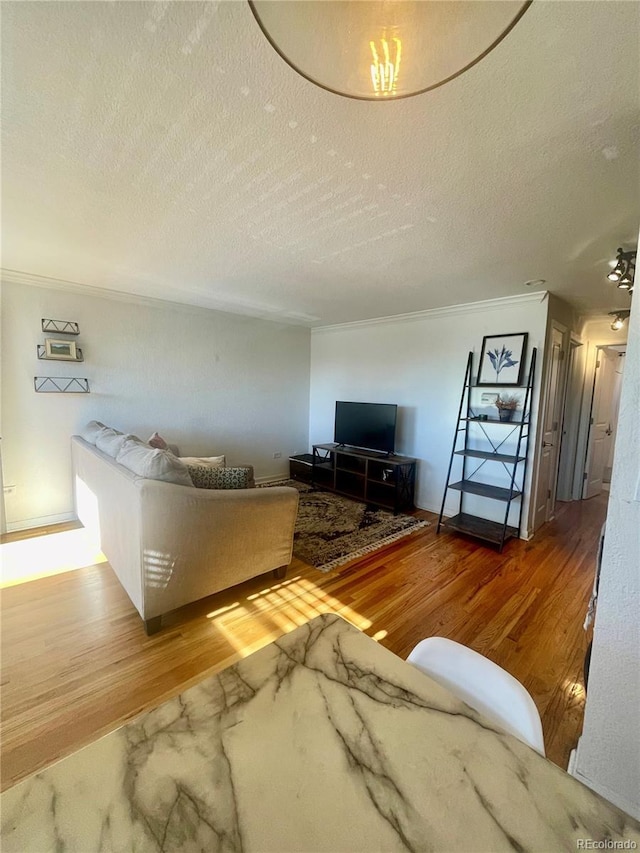 living room with hardwood / wood-style floors, a textured ceiling, and crown molding