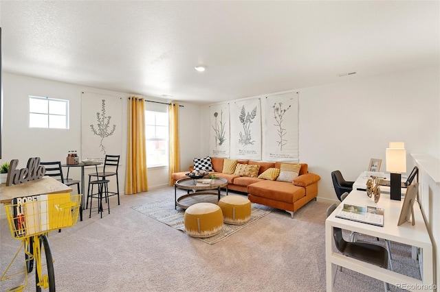 living area featuring light colored carpet