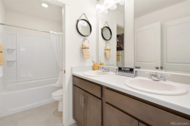 full bath with toilet, tile patterned floors, double vanity, and shower / tub combo with curtain