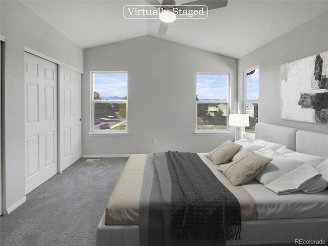 bedroom featuring lofted ceiling, ceiling fan, multiple windows, and carpet flooring