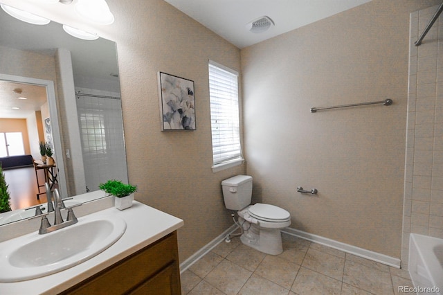 bathroom with visible vents, baseboards, toilet, tile patterned flooring, and vanity