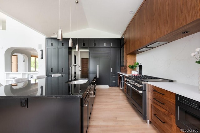 2535 W 115th Dr, Westminster, CO 80234 - kitchen featuring a sink, premium appliances, vaulted ceiling, light wood finished floors, and pendant lighting