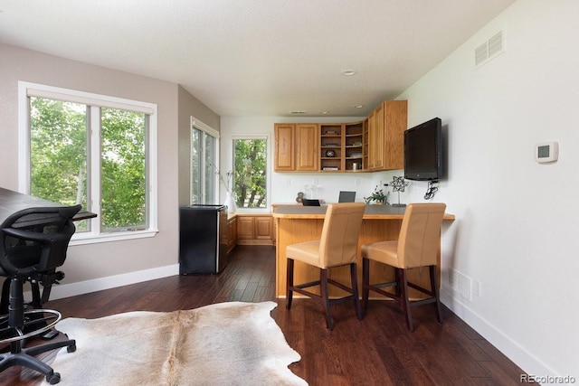 2535 W 115th Dr, Westminster, CO 80234 - kitchen with dark wood-style flooring, baseboards, a breakfast bar area, and plenty of natural light