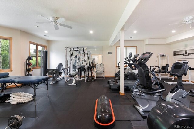 2535 W 115th Dr, Westminster, CO 80234 - workout area featuring ceiling fan, recessed lighting, and baseboards