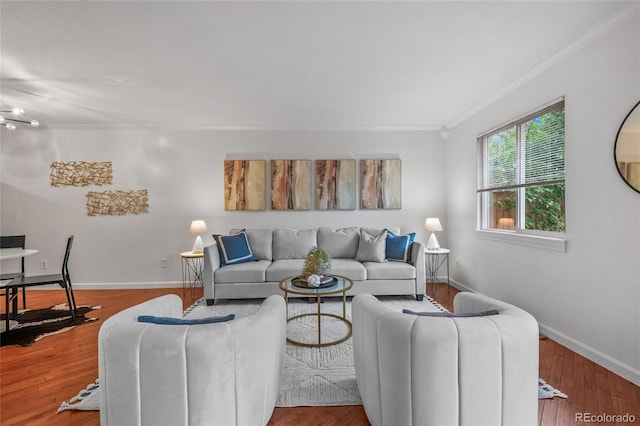 living room featuring crown molding, baseboards, and wood finished floors