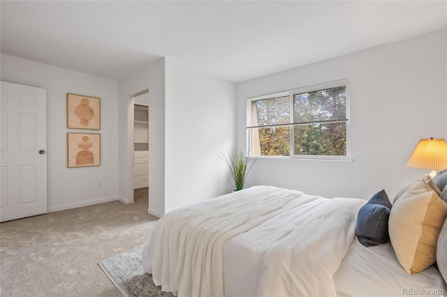 carpeted bedroom with baseboards and a walk in closet