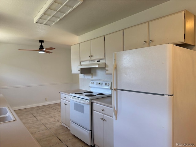 1906 Larkspur Dr, Fort Collins, CO 80521 - kitchen with tasteful backsplash, white appliances, light countertops, under cabinet range hood, and ceiling fan