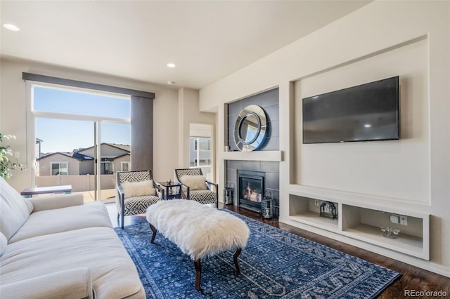 living room with a fireplace and dark hardwood / wood-style floors