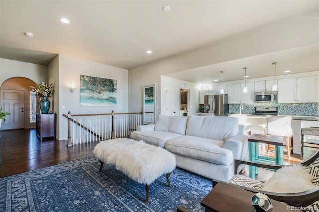 living room with dark hardwood / wood-style flooring