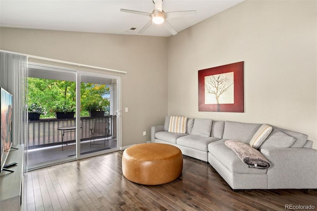 living room with vaulted ceiling, ceiling fan, and hardwood / wood-style floors