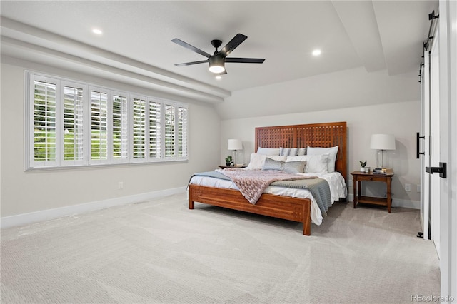 10 Summit Ash, Littleton, CO 80127 - carpeted bedroom featuring a barn door, baseboards, recessed lighting, ceiling fan, and vaulted ceiling