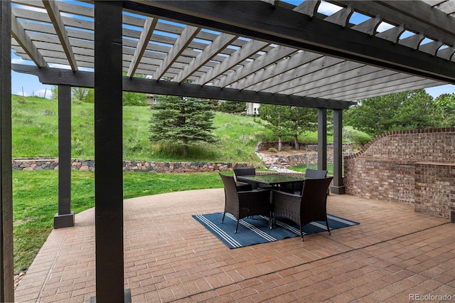 10 Summit Ash, Littleton, CO 80127 - wooden terrace with a patio area, outdoor dining area, a pergola, and a lawn