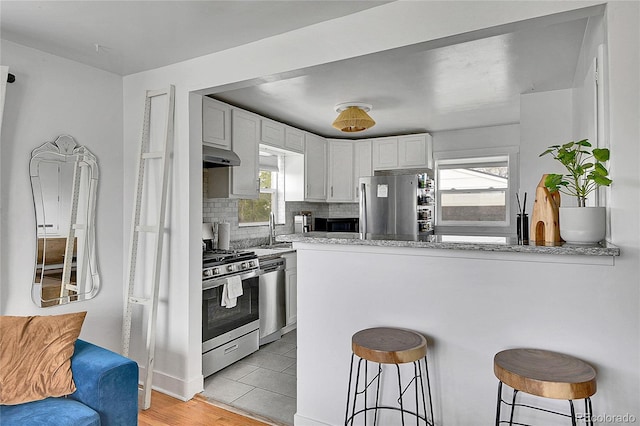 kitchen featuring a breakfast bar, a sink, stainless steel appliances, a peninsula, and under cabinet range hood