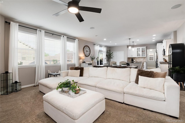 6236 S Millbrook Way, Aurora, CO 80016 - carpeted living area featuring ceiling fan and recessed lighting