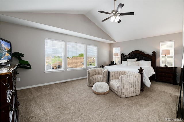 6236 S Millbrook Way, Aurora, CO 80016 - bedroom with light colored carpet, high vaulted ceiling, and ceiling fan