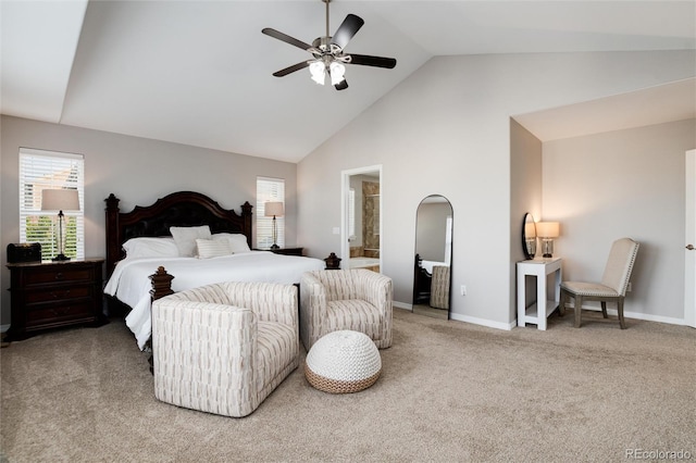 6236 S Millbrook Way, Aurora, CO 80016 - carpeted bedroom featuring high vaulted ceiling, ensuite bathroom, and a ceiling fan