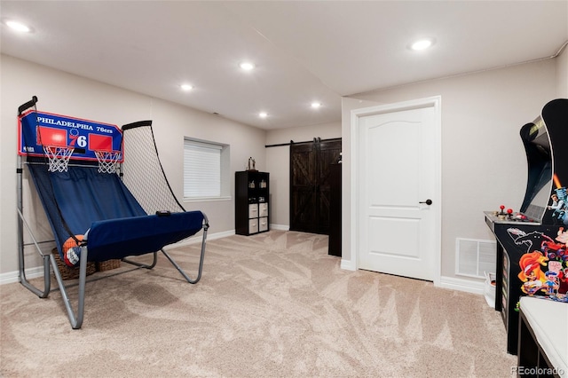 6236 S Millbrook Way, Aurora, CO 80016 - playroom featuring carpet, recessed lighting, and a barn door