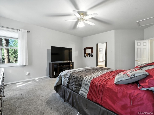 carpeted bedroom with baseboards and a ceiling fan