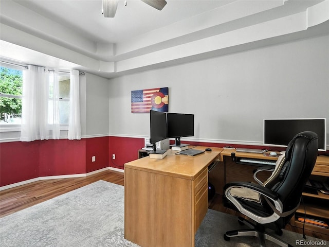 office space with wood finished floors and a ceiling fan
