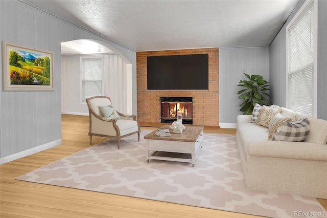 living room featuring a healthy amount of sunlight, light wood-type flooring, and a fireplace