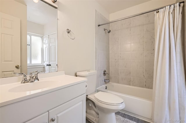 full bathroom with vanity, toilet, and shower / bathtub combination with curtain