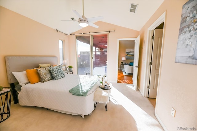 bedroom with access to exterior, lofted ceiling, visible vents, light carpet, and ceiling fan