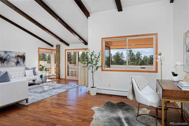 living room with vaulted ceiling with beams, wood finished floors, and a baseboard radiator