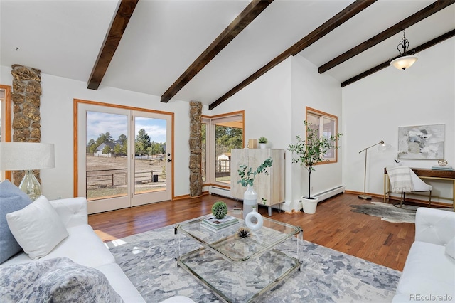 living room featuring beam ceiling, wood finished floors, a baseboard radiator, and high vaulted ceiling