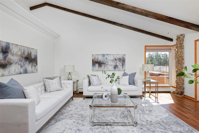 living room with a baseboard heating unit, vaulted ceiling with beams, wood finished floors, and a baseboard radiator