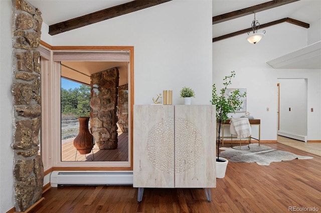 interior details with beam ceiling, baseboard heating, baseboards, and wood finished floors