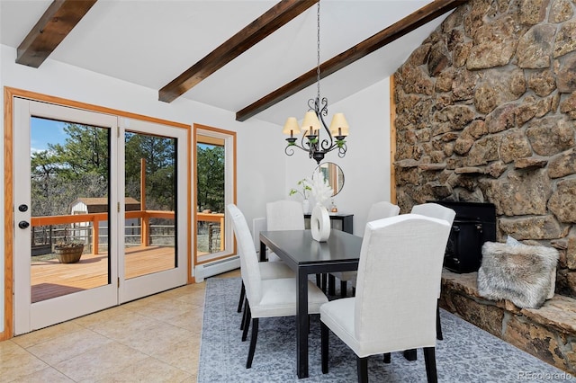 dining space with light tile patterned flooring, a fireplace, a baseboard radiator, a chandelier, and vaulted ceiling with beams