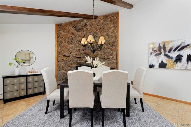 tiled dining area featuring an inviting chandelier, beam ceiling, and baseboards