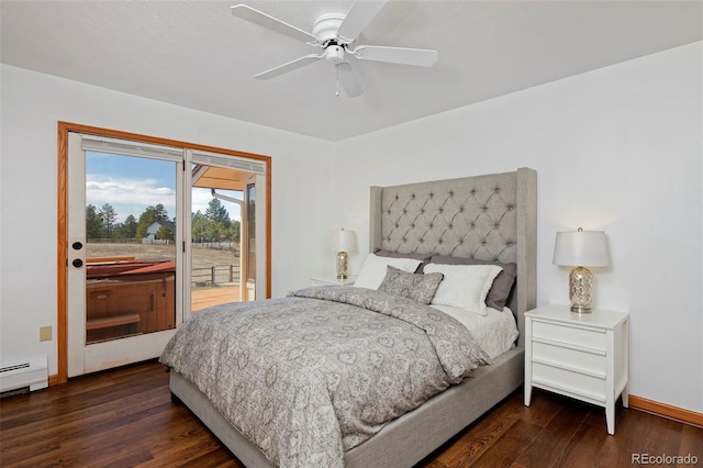 bedroom featuring a ceiling fan, access to outside, wood finished floors, and baseboard heating