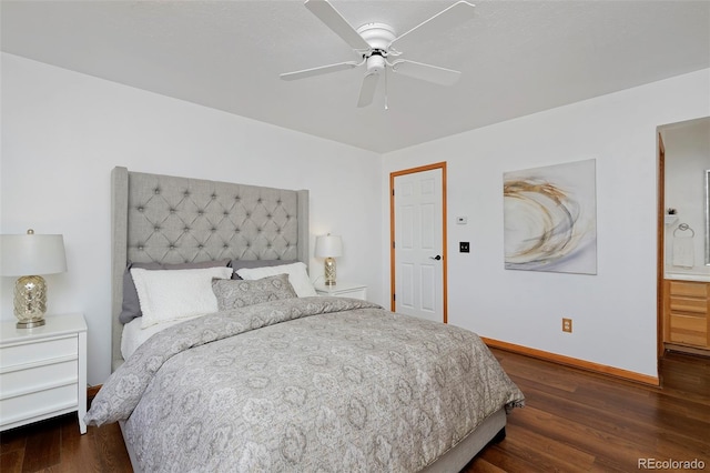 bedroom with dark wood-style floors, baseboards, and ceiling fan