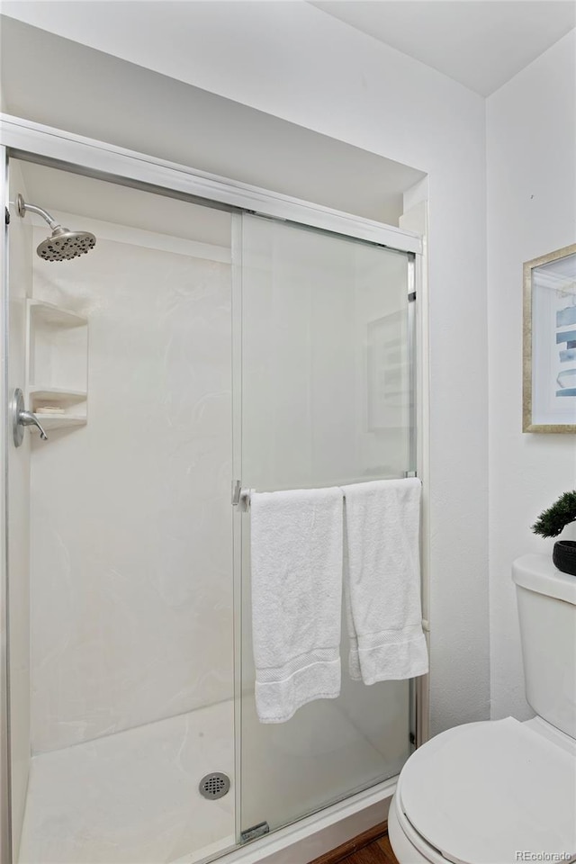 full bathroom featuring toilet and a shower stall