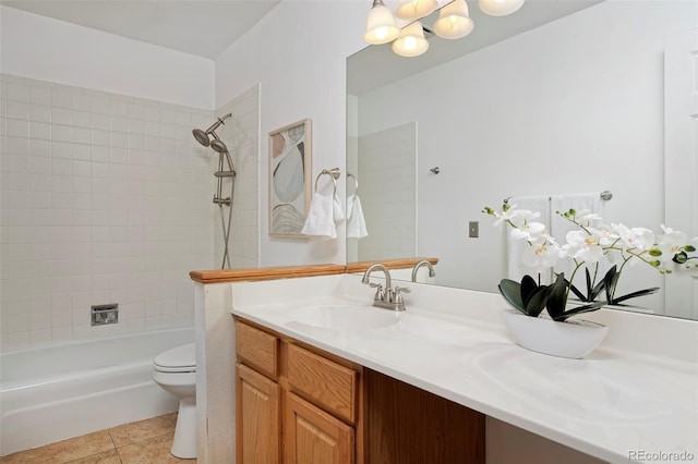 bathroom with toilet, shower / tub combination, tile patterned flooring, a chandelier, and vanity