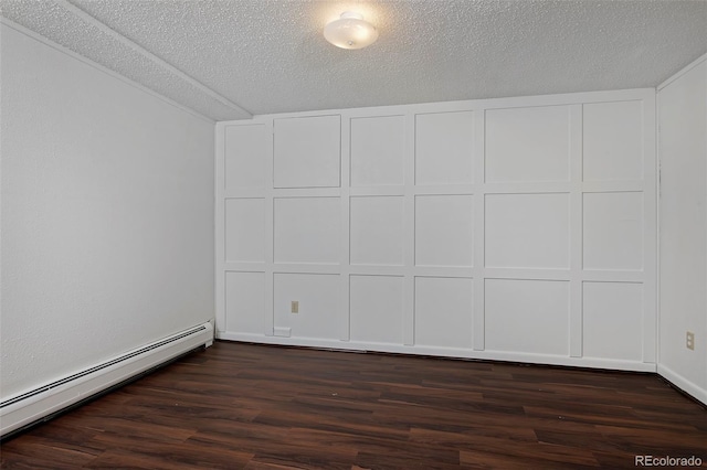 interior space featuring dark wood-style flooring, a textured ceiling, and a baseboard radiator