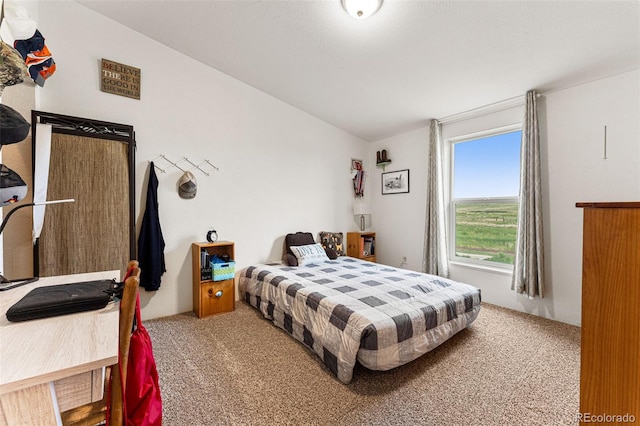 carpeted bedroom with lofted ceiling