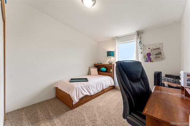 carpeted bedroom featuring lofted ceiling