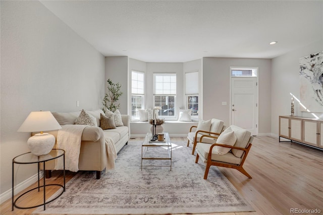 living area featuring wood finished floors and baseboards