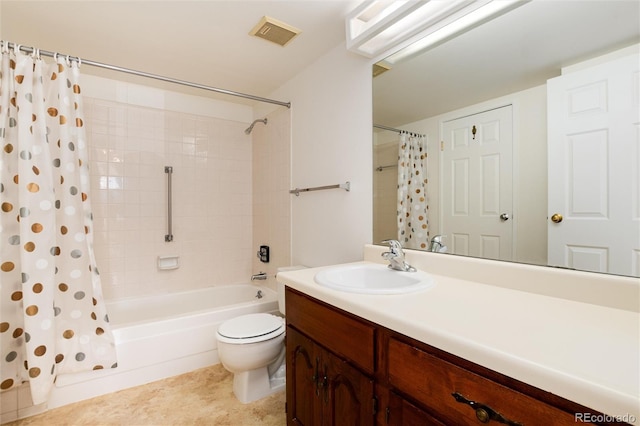 full bathroom with tile patterned flooring, shower / tub combo with curtain, vanity, and toilet