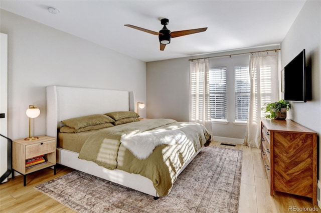 bedroom featuring ceiling fan and light hardwood / wood-style flooring