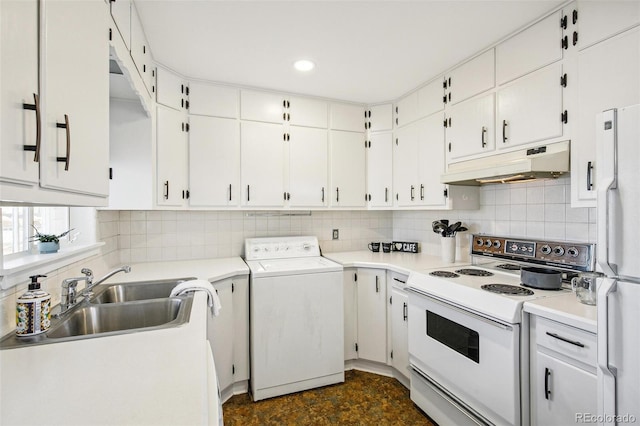 kitchen with white cabinetry, washer / clothes dryer, white appliances, and sink