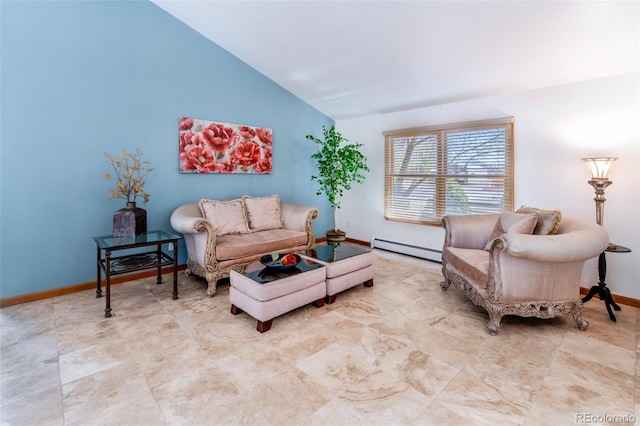 living room featuring a baseboard heating unit, baseboards, and vaulted ceiling