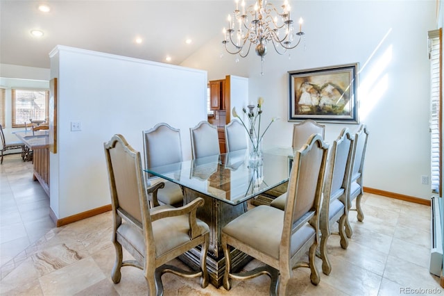 dining room featuring an inviting chandelier, baseboards, and recessed lighting