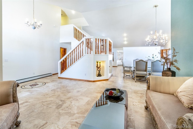 living room featuring high vaulted ceiling, a chandelier, a baseboard heating unit, and stairs