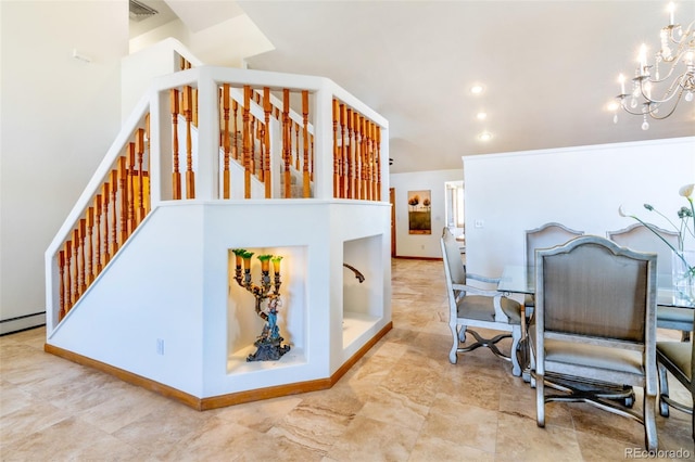 interior space with an inviting chandelier, visible vents, recessed lighting, stairway, and baseboards