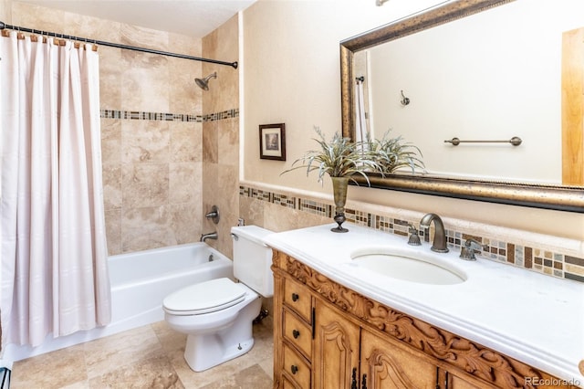 bathroom with toilet, vanity, shower / tub combo with curtain, and tile walls